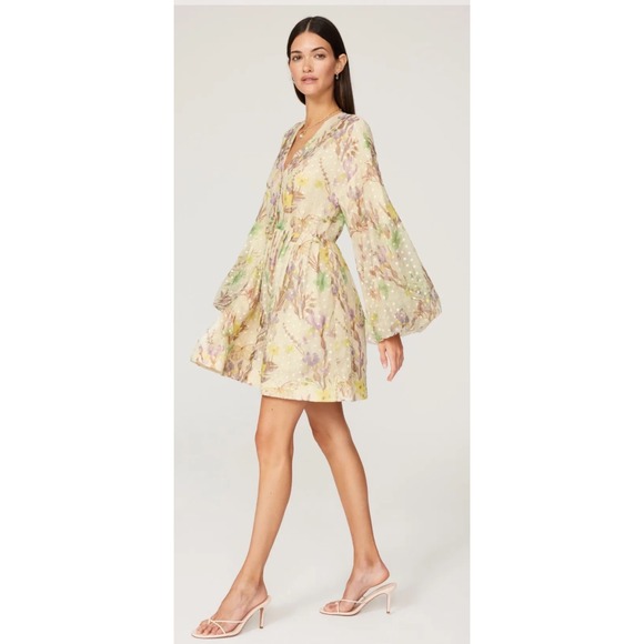 Alexis Behati Floral Swiss Dot Mini Dress V-Neck Balloon Sleeve Yellow - Picture 2 of 3